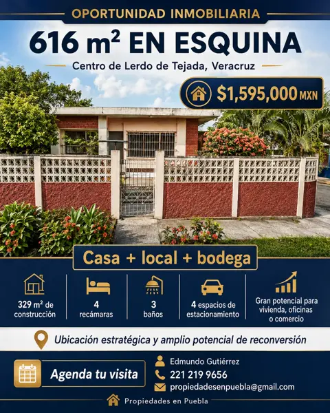 616 m² EN ESQUINA | CENTRO DE LERDO DE TEJADA
                                Casa + Local + Bodega