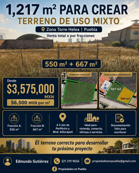 1,217 m² PARA CREAR. Terreno de uso mixto. 550 m² + 667 m²