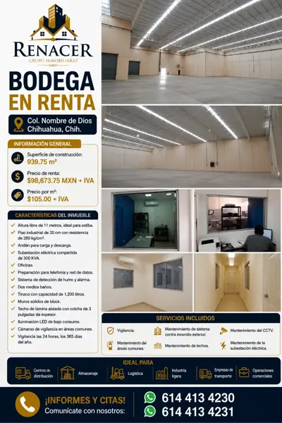 BODEGA EN RENTA $98,673.75 UBICADA EN LA COLONIA NOMBRE DE DIOS