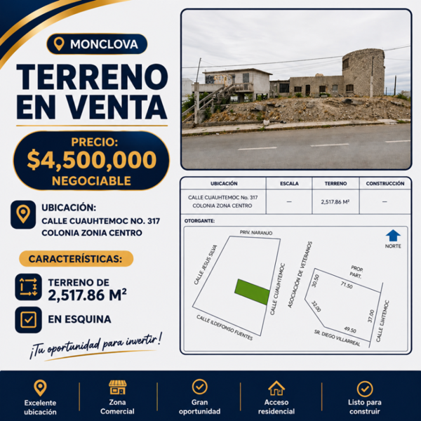 TERRENO COMERCIAL EN VENTA EN ZONA CENTRO DE MONCLOVA, COAHUILA