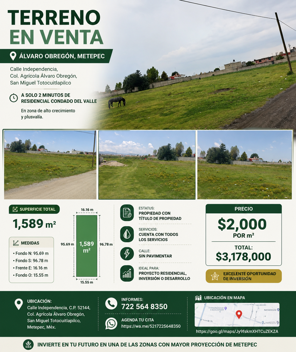 Terreno en venta en Agrícola Álvaro Obregón, Metepec