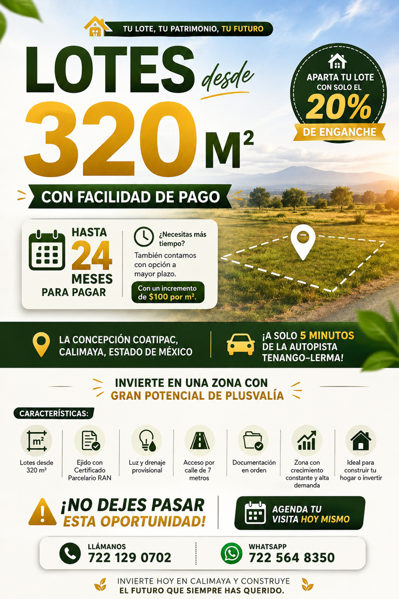 Terreno en venta en La Concepción Coatipac (La Conchita), Calimaya