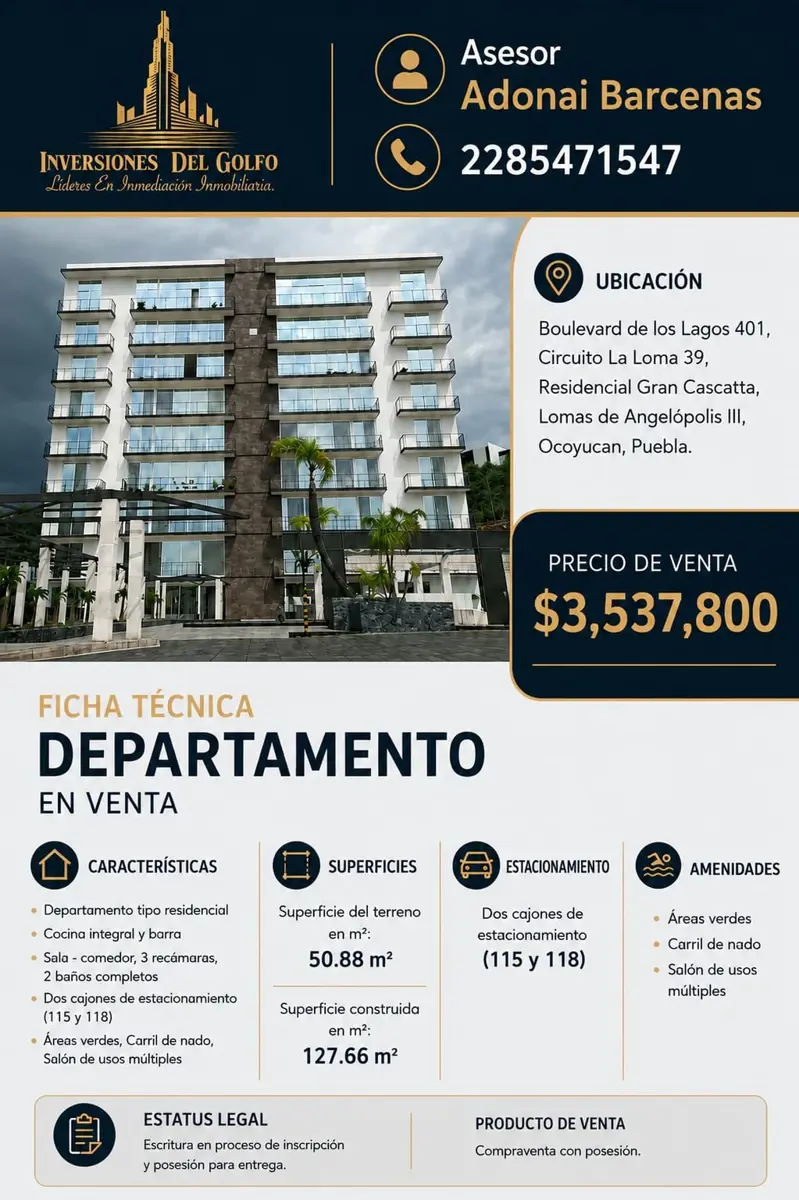 Departamento en venta en Lomas de Angelópolis, Ocoyucan