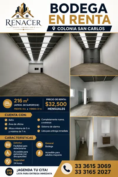 COLONIA SAN CARLOS !!! EXCELENTE BODEGA EN RENTA LISTA PARA ESTRENAR