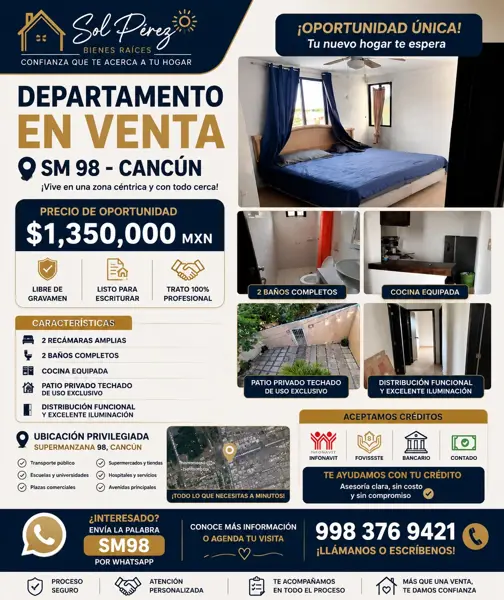 Departamento en Venta en Sm 98, Cancún | 2 Recámaras, 2 Baños | $1,350,000 Mxn