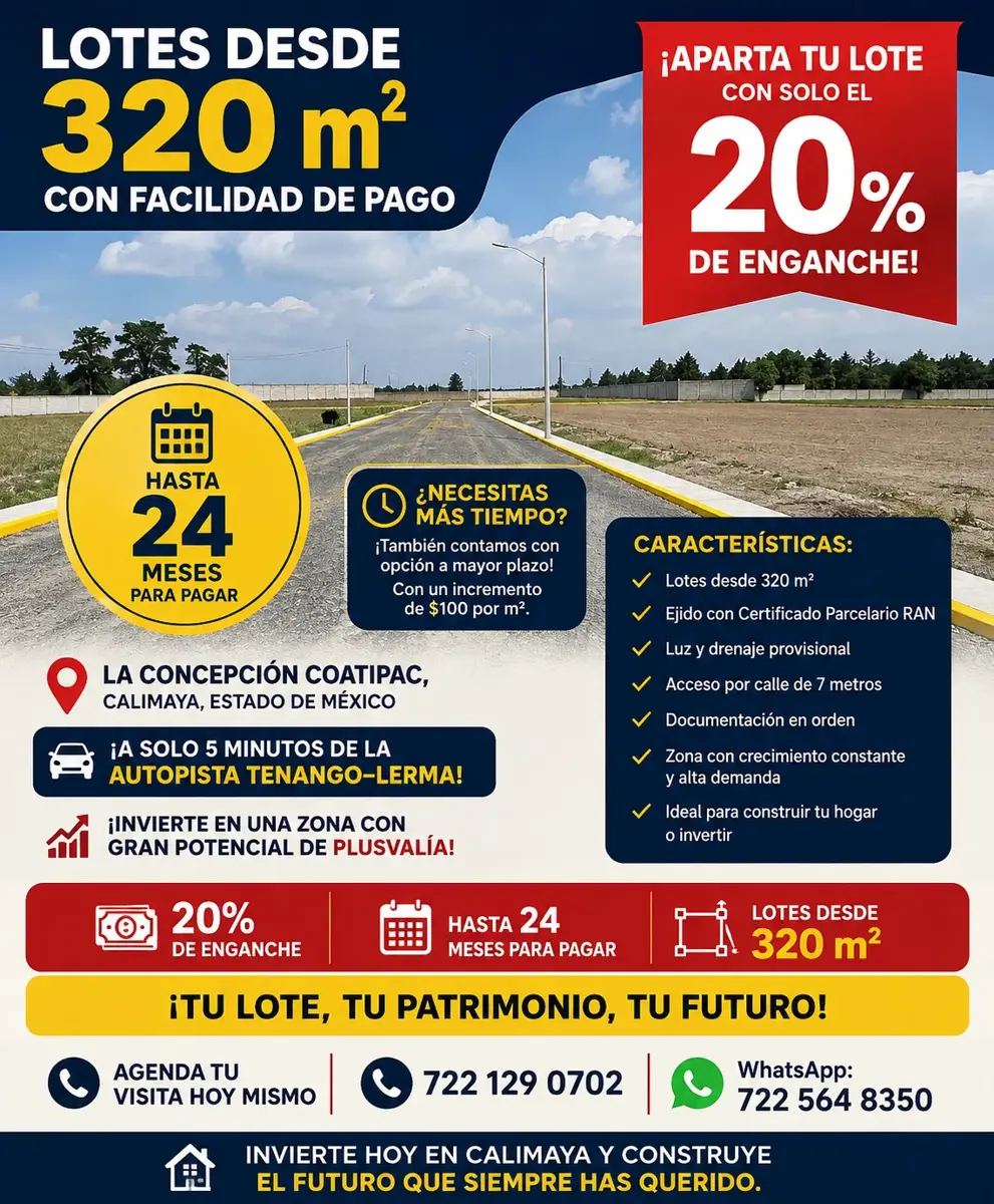 Terreno en venta en La Concepción Coatipac (La Conchita), Calimaya
