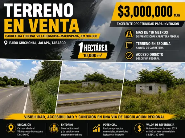 Terreno en venta sobre carretera Villahermosa–Macuspana
