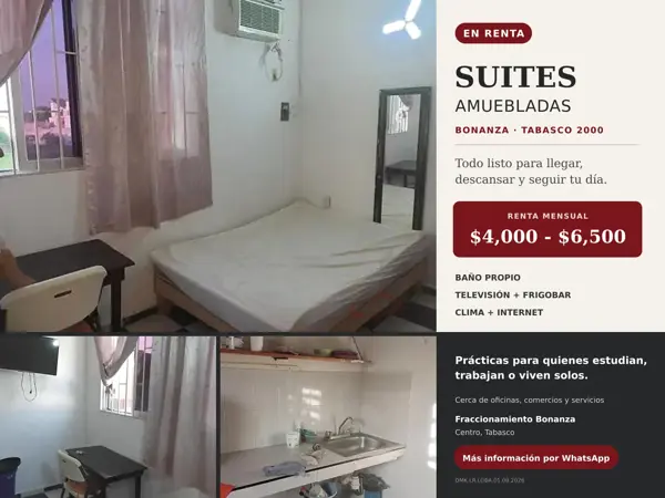 Suites amuebladas en renta en Fraccionamiento Bonanza