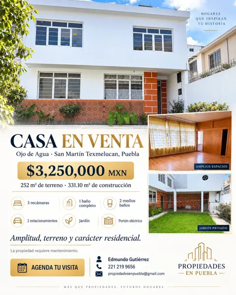 CASA EN VENTA | OJO DE AGUA, SAN MARTÍN TEXMELUCAN