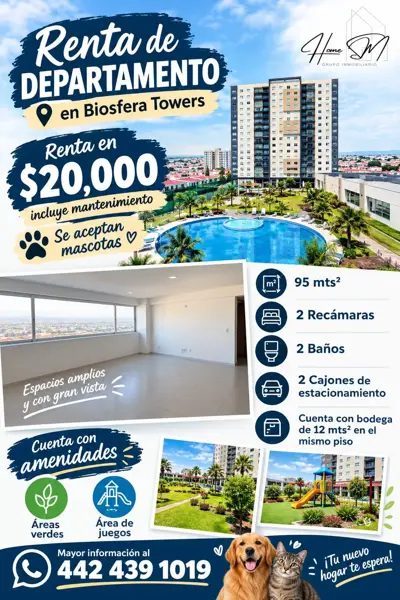 RENTA DEPARTAMENTO QUERÉTARO FRACC BIOSFERA TOWERS JURIQUILLA.