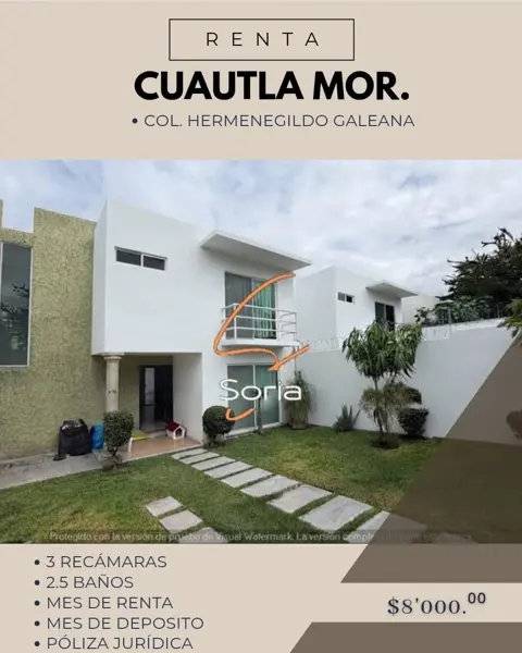 CASA EN RENTA
CUAUTLA MORELOS 
COL. HERMENEGILDO GALEANA