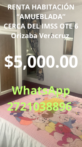 RENTA $5,000.00 ~ HABITACIÓN “AMUEBLADA”
CERCA DEL IMSS OTE 6
Orizaba Veracruz