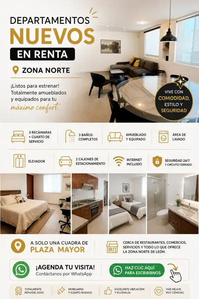 Departamento Nuevo amueblado y equipado en Renta en Zona Norte de León - Lomas del Campestre