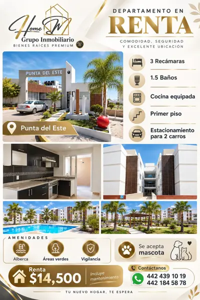 RENTA DEPARTAMENTO EN FRACCIONAMIENTO PUNTA DEL ESTE / LIBRAMIENTO SUR PONIENTE.