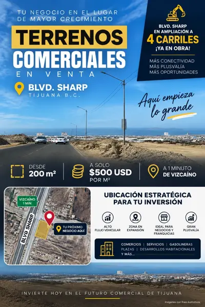 Terrenos comerciales sobre Blvd Sharp en Playas de Rosarito