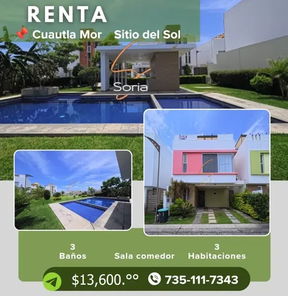 CASA EN SITIO DEL SOL EN  CUAUTLA MORELOS 
RENTA $13,600.°°