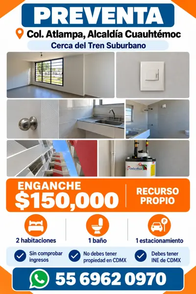 DEPARTAMENTO EN PREVENTA, COL. ATLALPA, CUAHTEMOC, FACILIDADES DE PAGO