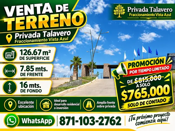 TERRENO EN VENTA  FRACC. VISTA AZUL SAN LUIS POTOSI