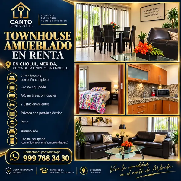 TOWNHOUSE AMUEBLADO CHOLUL, MÉRIDA, A LA ALTURA DE UNIVERSIDAD MODELO