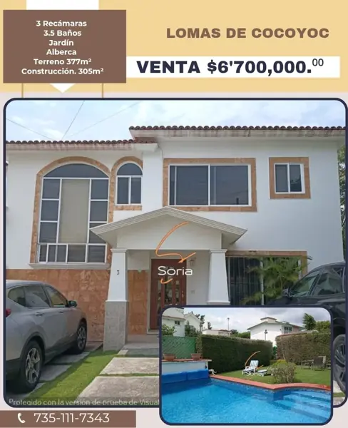 CASA EN LOMAS DE COCOYOC 
377.89 MTRS de terreno.      
305 MTRS de construcción.