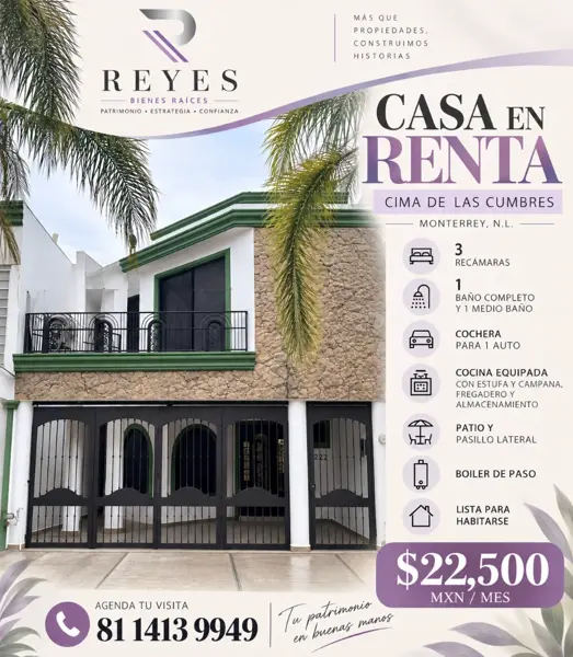 RENTA DE CASA HABITACION EN COLONIA CIMA DE LAS CUMBRES