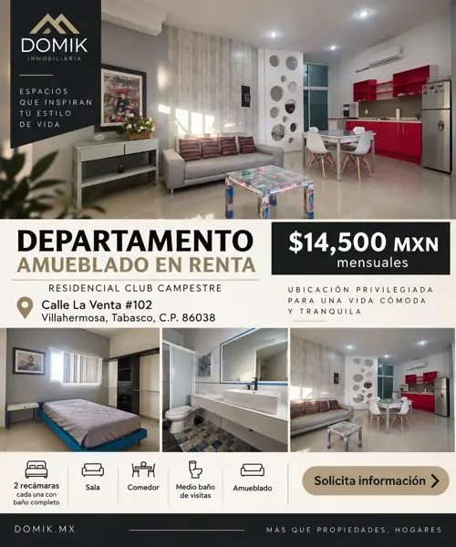 DEPARTAMENTO AMUEBLADO EN RENTA | CLUB CAMPESTRE