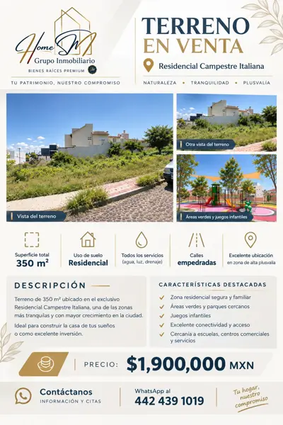 VENTA TERRENO QUERÉTARO FRACCIONAMIENTO CAMPESTRE ITALIANA.