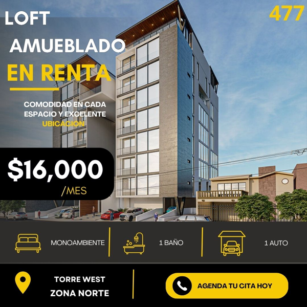 ?? *LOFT AMUEBLADO EN RENTA* 
??West towers
58m2, Piso 1 Torre B

•sala de tv con sofácama y pantall