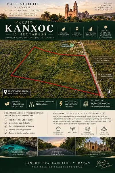 Venta terreno de 15 ha muy cerca de Valladolid con 320 mts frente de Carretera uso de suelo residenc