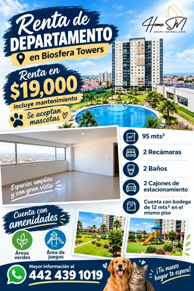 RENTA DEPARTAMENTO QUERÉTARO FRACC BIOSFERA TOWERS JURIQUILLA.