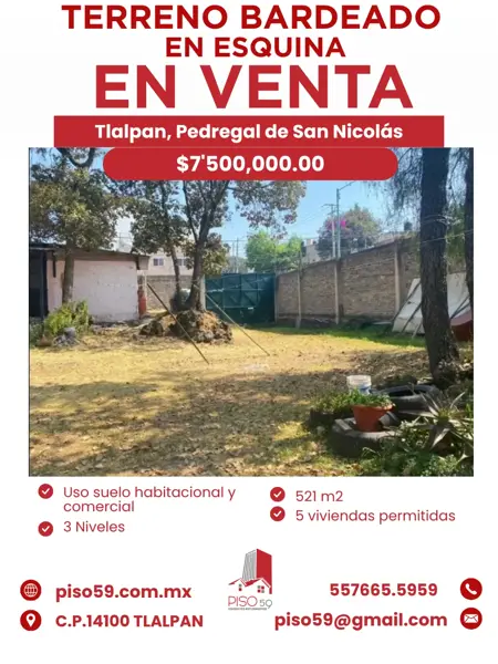 TERRENO EN VENTA PEDREGAL DE SAN NICOLAS 3ASECC EN ESQUINA