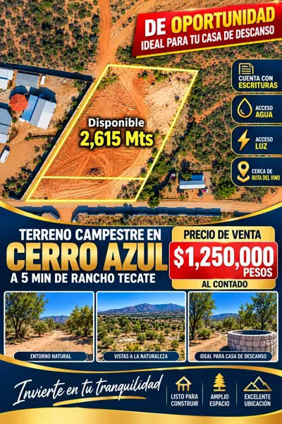 REMATO TERRENO  DE 2,615  MTS A 5 MIN DE RANCHO TECATE LISTO PARA ESCRITURAR