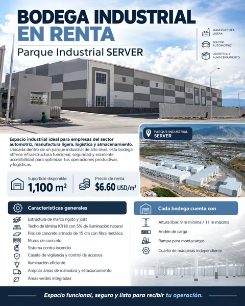 BODEGA INDUSTRIAL EN RENTA PARQUE INDUSTRIAL SERVER