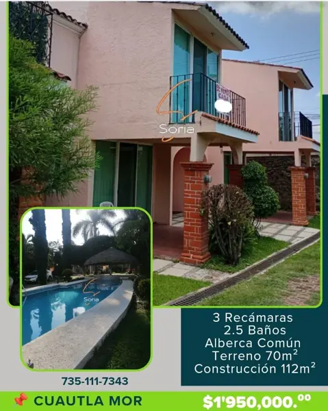 CASA EN VENTA EN CONDOMINIO DE 24 CASAS CON ALBERCA, EN CUAUTLA, MORELOS.