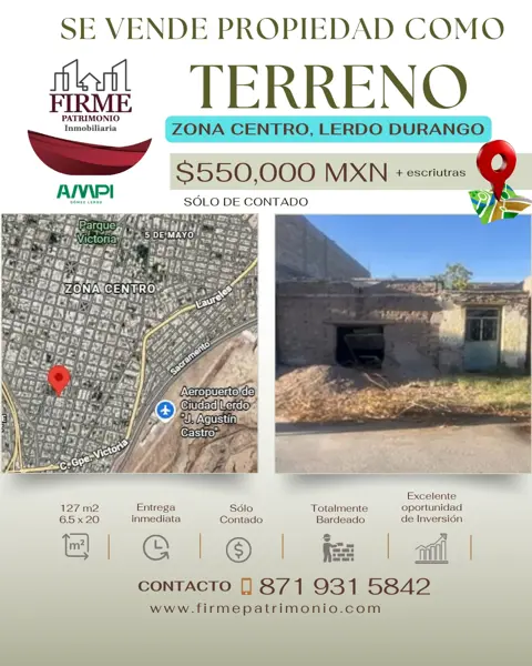 ¡Excelente Oportunidad de Inversión! Terreno Bardeado en el Centro de Lerdo