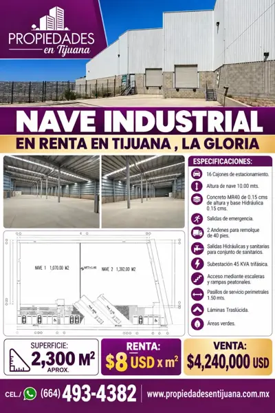 NAVE INDUSTRIAL EN VENTA EN TIJUANA 2,300 M, LA GLORIA