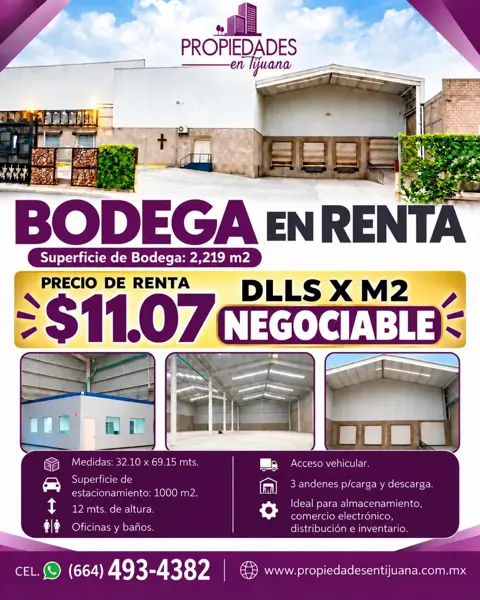 BODEGA EN RENTA EN TIJUANA 2,219 M, AREA DE VIA RAPIDA