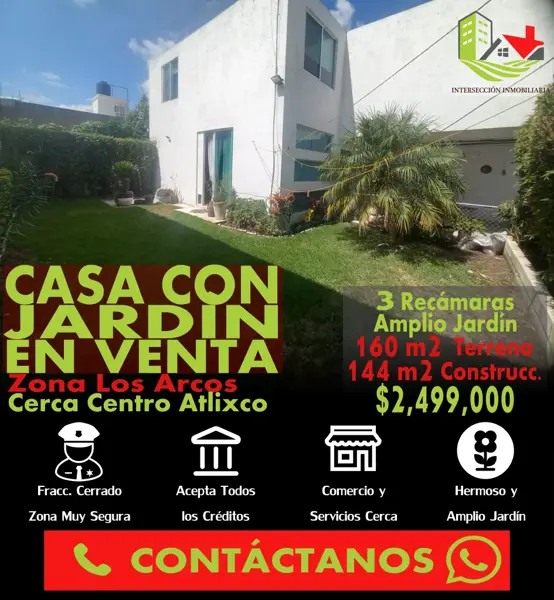 HERMOSA CASA CON AMPLIO Y BELLO JARDÍN EN FRACC. CERRADO, ZONA LOS ARCOS, CERCA AL CENTRO DE ATLIXCO