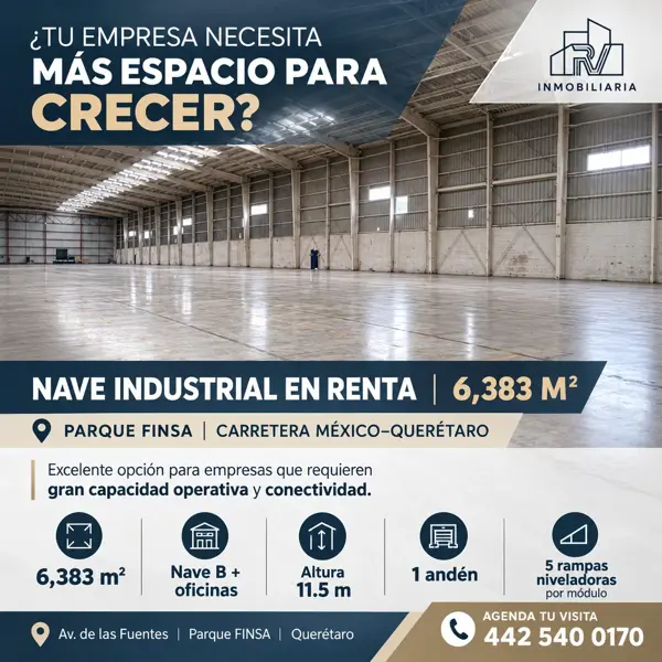 ?? NAVE INDUSTRIAL EN RENTA | 6,383 M²
?? PARQUE FINSA | CARRETERA MÉXICO–QUERÉTARO