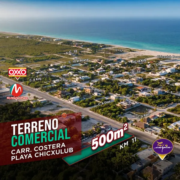 Terreno COMERCIAL, en zona de tráfico vehicular, Chicxulub, Progreso, Yucatán.