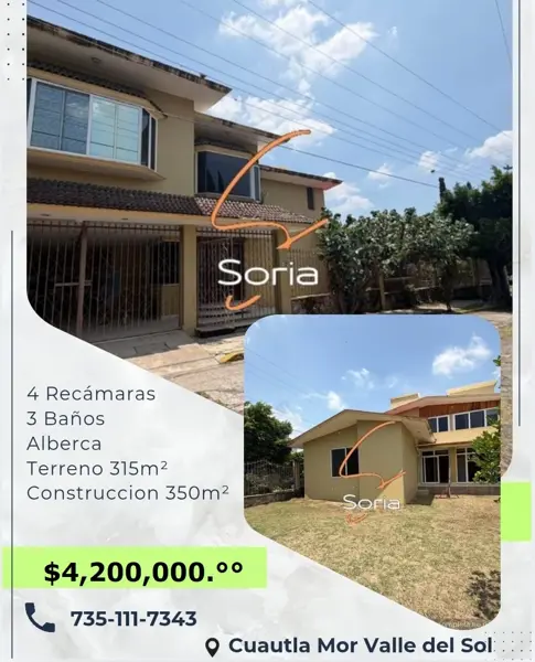 CASA EN VENTA | VALLE DEL SOL, CUAUTLA, MORELOS

$4,200,000.00  MXN