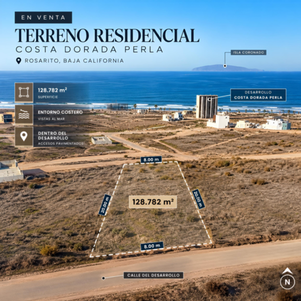 Terreno con vista al mar en Costa Dorada Perla, Rosarito | 128.78 m² — foto 1 de 8