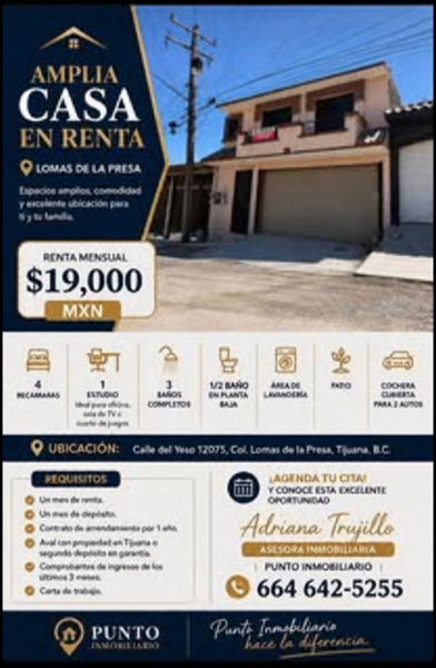 Casa en Renta en Lomas de la Presa, Tijuana – 4 Recámaras amplios espacios $19,000 pesos — foto 1 de 7