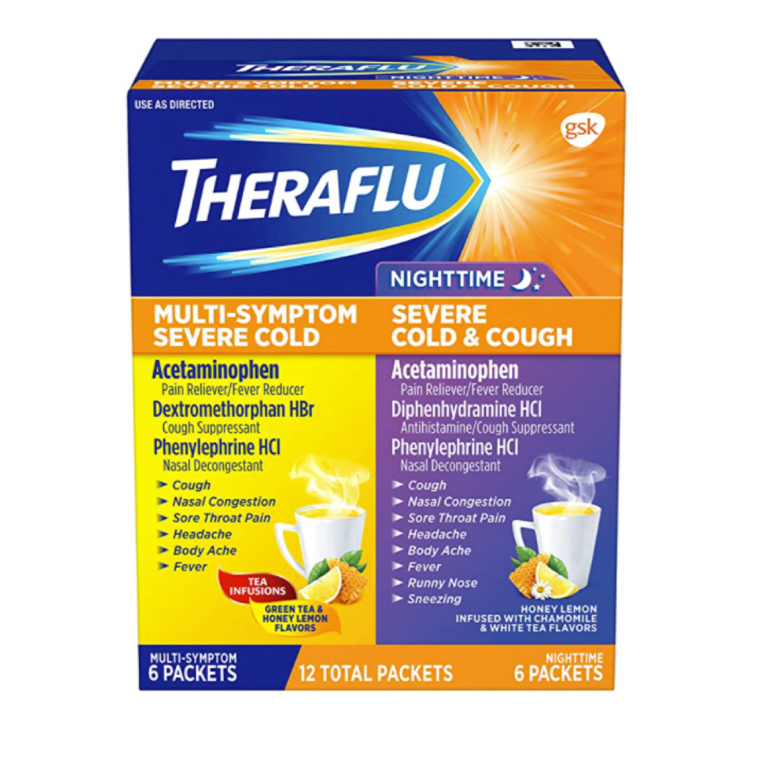 Theraflu Multi-Symptom Severe Cold and Theraflu Nighttime Severe Cold and Cough Hot Liquid Powder Combo Pack 12 count Box