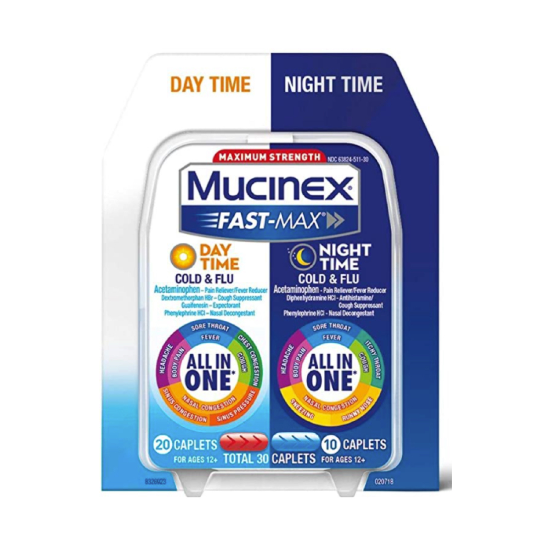 Mucinex Fast-Max Day Time and Night Time Cold & Flu Medicine, 30 Caplets