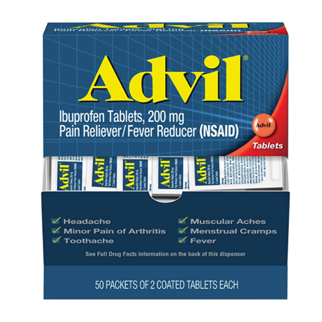 Advil Coated Tablets Pain Reliever and Fever Reducer, Ibuprofen 200mg, 100 Count (50 Packets of 2 tablets)