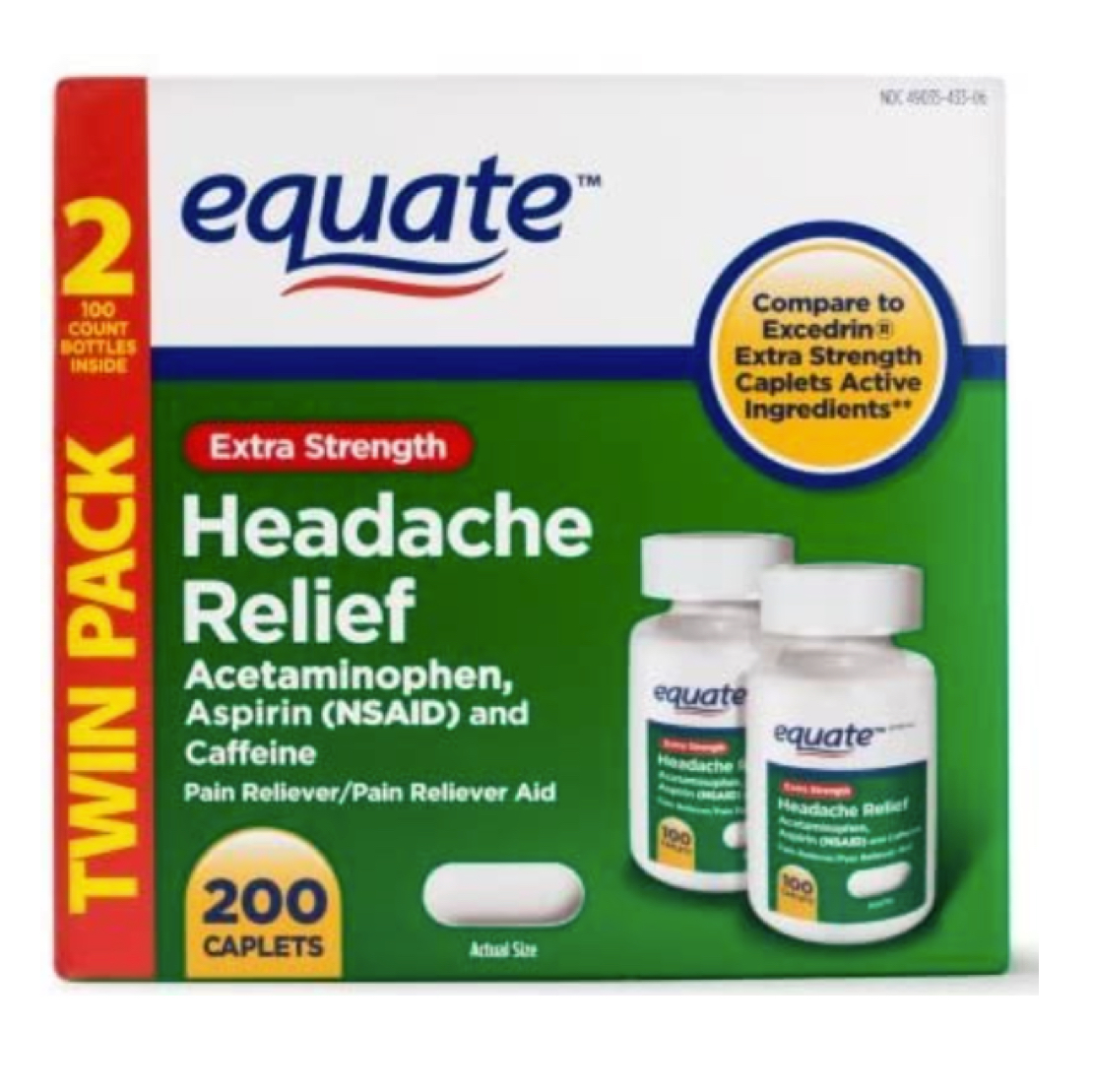 Equate Extra Strength Headache Relief Caplets, 250 mg, 100 Ct, 2 Pk
