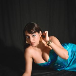 Actress Simran Kaur Glamorous Portrait in Teal Corset | Bold Makeup & Fashion Photography