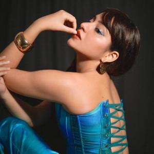 Actress Simran Kaur Glamorous Portrait in Teal Corset | Bold Makeup & Fashion Photography