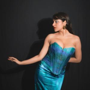 Actress Simran Kaur Glamorous Portrait in Teal Corset | Bold Makeup & Fashion Photography